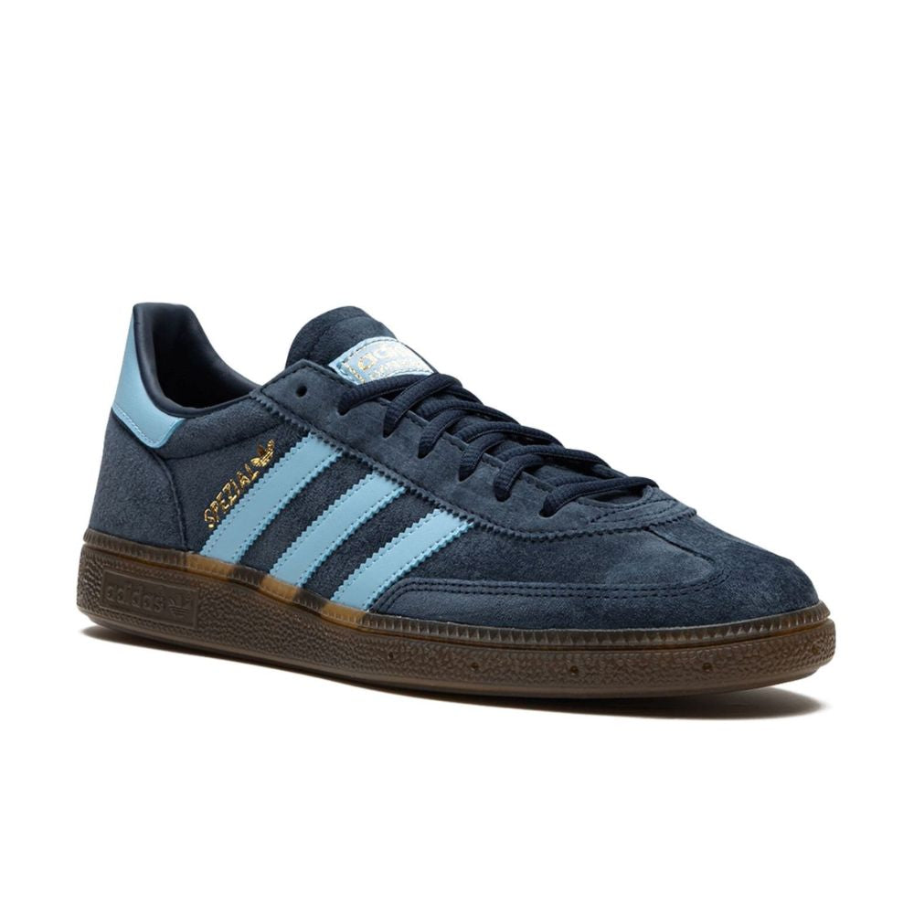 Front view of Adidas Originals Handball Spezial Navy (Women's) sneakers (style code: BD7633), highlighting their sleek design and navy colorway.