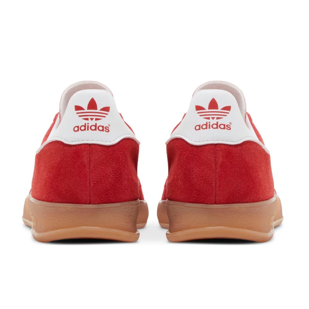 Rear view of Adidas Originals Gazelle Scarlett Red JI2063, featuring premium suede, classic three-stripe detailing, and gold 'Gazelle' lettering. Available exclusively at TRM Exclusives.